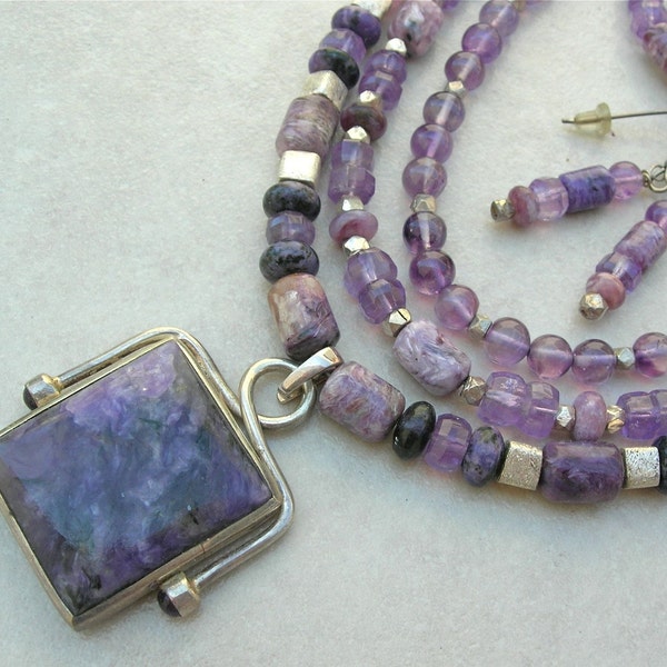 Royal Purple Charoite 3 pc. Set, Amethyst/Sterling Beads, Detachable Pendant,3-Strand Investment Necklace,Bracelet,Earrings by SandraDesigns