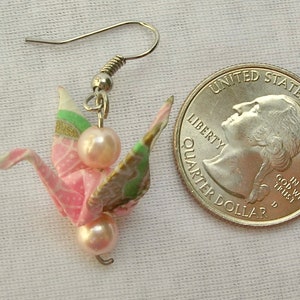 Japanese Origami Crane Earrings, Pink & Turquoise, 2 Pink Pearls, Sterling Silver Ear Wires, 1 3/4 Handcrafted, by SandraDesigns image 2