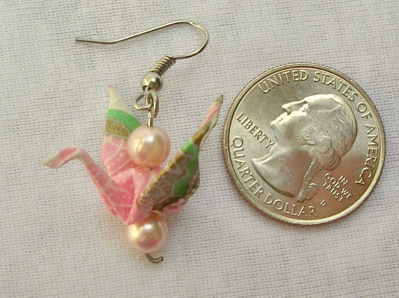 Japanese Origami Crane Earrings, Pink & Turquoise, 2 Pink Pearls, Sterling Silver Ear Wires, 1 3/4 Handcrafted, by SandraDesigns image 2