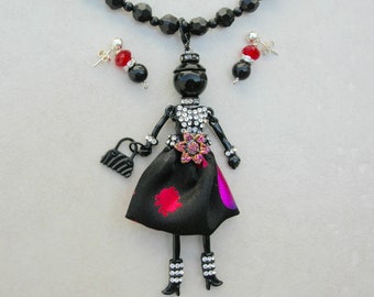 Sophisticated Sophie's Night Out, Detachable Handcrafted Doll, Vintage Black Lucite Beads, Doll Collection, Necklace Set by SandraDesigns