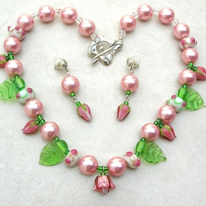 REDUCED, Summer/Spring Rose-y Pink Pearls, Glass Roses & 2 Leaves, Matching Earrings and Clasp, Necklace Set by SandraDesigns