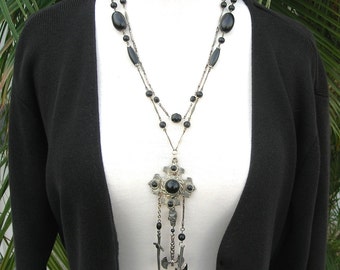 Crusader Cross & Medieval Weapons, Sword/Hatchet/Battle-Ax/Skull, Vintage Rosary Chain,Extra Short Strand, Goth Necklace 32"by SandraDesigns