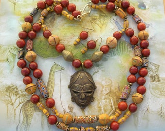 MAGNIFICENT African Baule Brass Mask & Old African Trade Beads, Bodom Glass, Collector Investment Statement Necklace Set by SandraDesigns