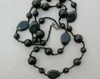 Long Black Necklace, Vintage Black Lucite Beads, Tiny Seed Beads, Wear Long or Doubled, Lightweight 34" Vintage Necklace, SandraDesigns
