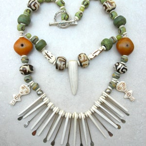 Wild Africa, 2 Fertility Symbols, Trade Beads, African Copal, Metal Paddles, Bone, Glass, Unique Unisex Statement Necklace Set,SandraDesigns