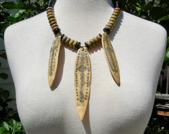 Ethiopian Bone Amulets/Talismans, Agate & Wood Beads, Ethnic/African necklace, Unisex Statement 19" Necklace, Earrings, Set by SandraDesigns