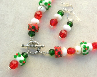 Festive Holiday Reds & Greens, Holly Berries Lampwork Glass, White Jade, Red Crystal Beads, Christmas Necklace Set by SandraDesigns