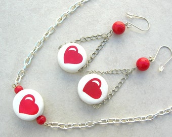 Red Hot Love, Heart Necklace & Long Heart Earrings, Ceramic and Glass Beads, Silver Chain, Necklace Set by SandraDesigns