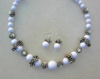 Fun White & Black Necklace, Real Pyrene Shells, Vintage German Beads, Resort/Cruise/Beach Wear, Earrings, 20" Necklace, Set by SandraDesigns