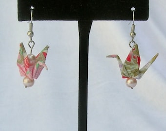 Japanese Origami Crane Earrings, Pink/Red/Green Cranes, 2 Pink Pearls, 1 3/4" Sterling Silver Ear Wires, Handcrafted, by SandraDesigns