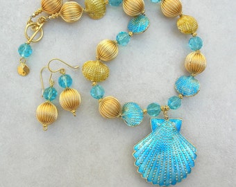 Fine Gold & Enameled Turquoise Shell Pendant and Beads, Crystal, 24K Gold-Plated Beads, Sea, 17" Statement Necklace, Set by SandraDesigns