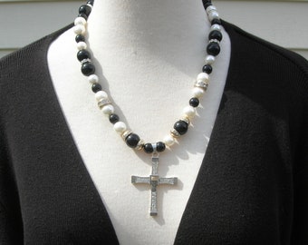 Rhinestone Cross Pendant, Pearls, Rhinestone Spacers, Black Lucite Beads, Matching Earrings, 20" Necklace, Set by SandraDesigns