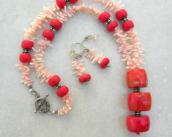 Unique Coral Reef, Delicate Cupolini Bamboo Coral & Chunky Red Branch Coral, Sterling Clasp/Beads/Ear Wires, Necklace Set by SandraDesigns