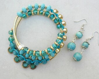 Unusual Gold & Turquoise Memory Wire Bracelet, Crystal/Rhinestone/Glass/Dyed Howlite/Gold Metal, Free Size, Earrings, SandraDesigns