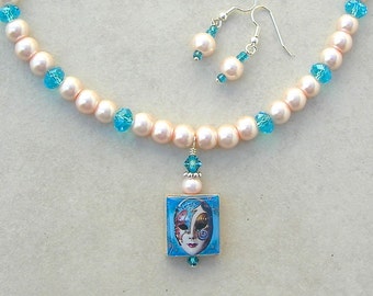 Venetian Mardi Gras Mask, Crystal, Pearls & Scrabble Pendant, 15" Necklace Set by SandraDesigns