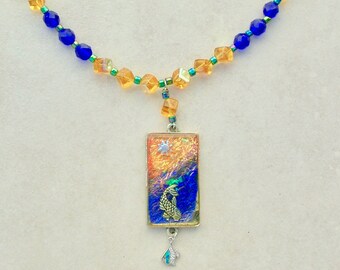 Sparkly Fish, Fused Glass Pendant, Cobalt Blue & Orange Glass Beads, Opal Silver Fish Charm, Necklace by SandraDesigns