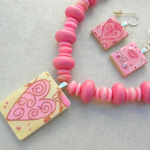 Bubble Gum Fun, Heart Rummikub Pendant, Vintage Bakelite Beads, Scrabble Tile Earrings, Gift for Her, Set by SandraDesigns