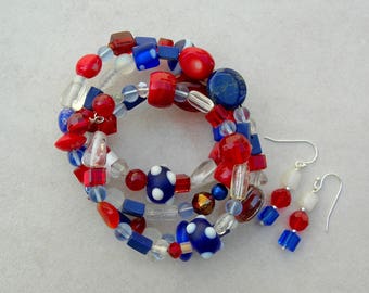 Perfect Patriotic Red*White*Blue Memory Wire Bracelet, Glass, Lapis, Coral, Free Size, Great for July 4th, Memorial Day,Set by SandraDesigns