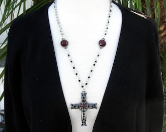 Black & Blood Red Goth Rhinestone Cross, Fancy Rhinestone Chain, Red Connectors, Blood Red Earrings, 24" Necklace, Set by SandraDesigns