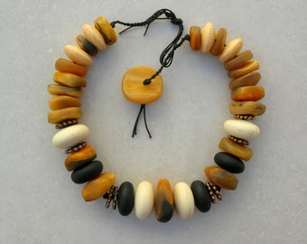 Murano Venetian Hand-Blown Glass, Moroccan Sheep Horn Beads, Artisan Copper Spacers, Unisex Statement Necklace 22" by SandraDesigns