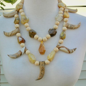 African Desert Sandstorm, 2 Necklaces, Picture Jasper Tusks/Horns/Tiger Teeth, African Opal & Wood Beads,Unisex Necklace Set by SandraDesign
