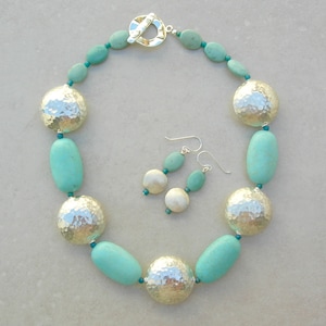 5 Large Hammered Silver-Over-Copper Beads & 4 Large Magnesite Beads, Aqua Turquoise Color, Sterling Silver Earrings, Set by SandraDesigns