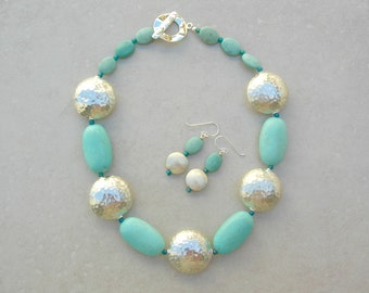 5 Large Hammered Silver-Over-Copper Beads & 4 Large Aqua Magnesite Beads, Sterling Silver Earrings, Necklace 16" Set by SandraDesigns