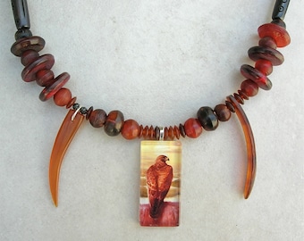 The Hawk Awaits, Native American Signed Original Art Pendant, Horn & Wood Beads, Unisex Necklace 20" by SandraDesigns