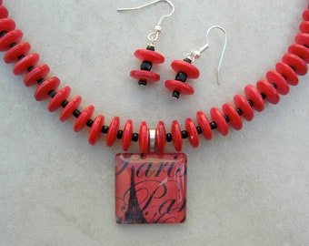 Eiffel Tower in Paris, "Memories," Fused Glass Pendant, Red Shell & Black Glass Beads, 19" Necklace Set by SandraDesigns