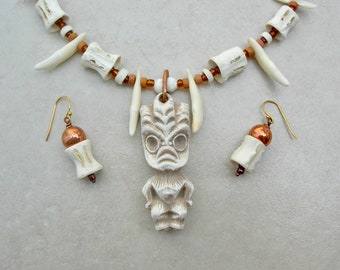 Fierce Hawaii Tiki God, Coyote Teeth, Fish Vertebrae, Puka Shells, Bone/Wood/Glass Beads, 21" Unisex Statement Necklace by SandraDesigns