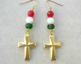 Mexican-Inspired Cross Earrings, Florentined (Brushed) Gold Crosses, Mexican Flag Colors, Red & Green Crystal, White Jade, by SandraDesigns