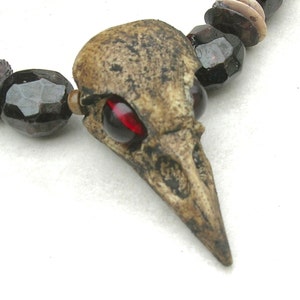 Quoth The Raven, Goth Resin Crow Skull Pendant, Garnet/Bone Beads, Halloween, Weird & Wild Things, 22" Unisex Necklace, Set by SandraDesigns