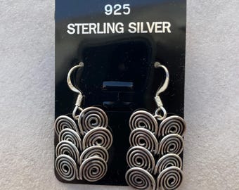 Sterling Silver Earrings, 4 Continuous Circles Each, Sterling Silver Ear Wires, Both Earrings Hang 1" Unused, Great Vintage Condition