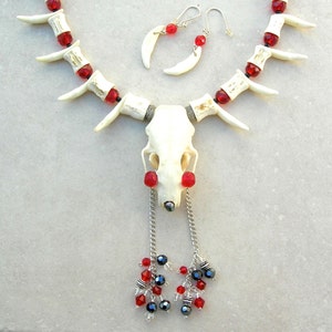 Blood & Bones! Real Mink Skull, Snake Vertebrae, Coyote/Wolf Teeth, Teeth Earrings, Goth/Halloween, Unisex Necklace 18" Set by SandraDesigns
