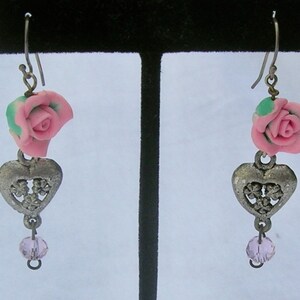 Sweet Pink Flower & Silver Heart Earrings, Pink and Silver, 1 1/2" Sterling Silver Ear Wires, by SandraDesigns