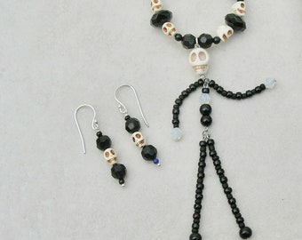 Scary the Dancing Skeleton Man, Skulls Beads, Black Glass & Lucite Beads, Skull Earrings, the Doll Series, 18" Necklace Set by SandraDesigns