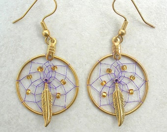 Dream Catcher Earrings, Gold & Purple, Handmade Earrings, Native American-Inspired, SandraDesigns