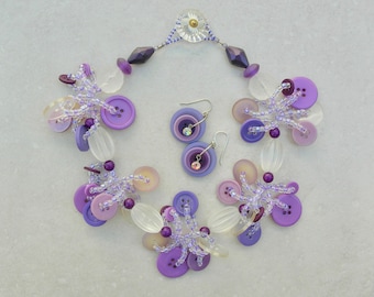 Fun Purple Button Medley, for Purple Lovers! Stone, Lucite, Glass Beads, Antique Button Clasp, Matching Earrings, SandraDesigns