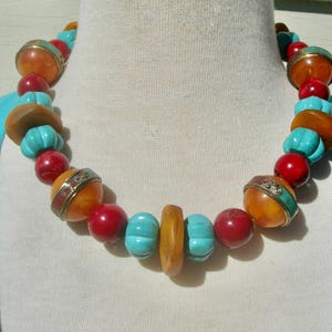 BEAUTIFUL Tibetan Beads, 4 Resin Beads Inlaid with Coral & Turquoise, Turquoise Melon Beads, Real Coral Beads, by Sandra Designs