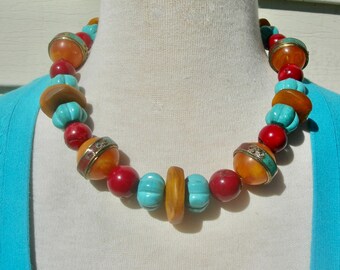 Tibetan Beads, 4 Resin Beads Inlaid with Coral & Turquoise, Turquoise Melon Beads, Real Coral Beads, 18" Necklace by Sandra Designs