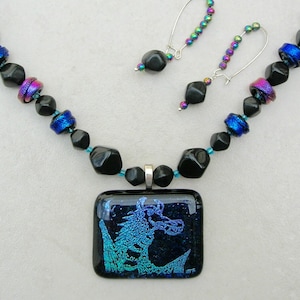 Dragon Necklace, Dichroic Glass Dragon Pendant & Beads, Black Lucite/Tiny Turquoise Beads, Fun Earrings, Necklace by SandraDesigns