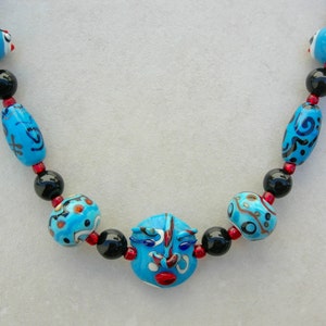 Fun Blue Glass Face Beads, Lampwork Focal & 2 Whimsical Face Beads, Lampwork Glass Beads, Optional Face Bracelet, Necklace by SandraDesigns