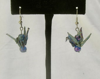 Japanese Origami Crane Earrings, Blues/Gold/Green, 2 Dark Iridescent Beads, Sterling Silver Ear Wires, Handcrafted, 1 3/4" by SandraDesigns