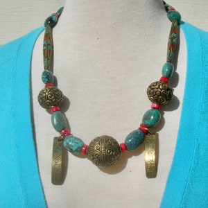 TREASURES of Tibet, Om Mantra, 3 Large Brass Beads. 2 Inlaid Beads, Real Turquoise, Real Coral,  22&quot; Unisex Necklace by Sandra Designs