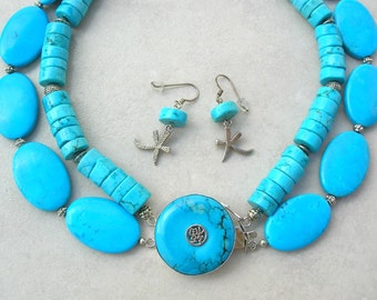 Chunky Tibetan/Chinese Choker, Real Turquoise, Chinese Calligraphy Clasp & Earrings, Turquoise and Pewter Beads, 15+16" Set by SandraDesigns