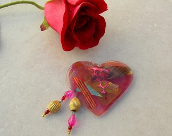 Unusual Pinkish Red Heart Pin, Abstract Design, Removable Gold Vermeil & Swarovski Crystal Dangles, Optional Earrings