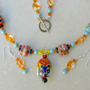 Whimsical Faces Necklace, Great Focal Face, Glass Lampwork Face Beads, Glass Beads, Blue Magnetic Beads, Asymmetrical Necklace, Necklace Set