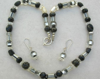 Midnight Black & Silver Glass, Lampwork Glass, Silver Foil Glass and Crystal Beads, Matching Earrings, Necklace Set by SandraDesigns