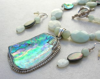 3-Piece Set, Long Abalone Necklace, Bracelet & Earrings, Abalone, Amazonite, Aquamarine and Aventurine Beads, Go Green! Set by SandraDesigns