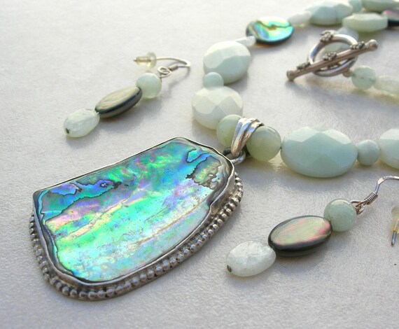 Long Abalone Necklace 25", Bracelet 7 1/2" & Earrings, Abalone, Amazonite, Aquamarine and Aventurine Beads, Go Green! Set by SandraDesigns